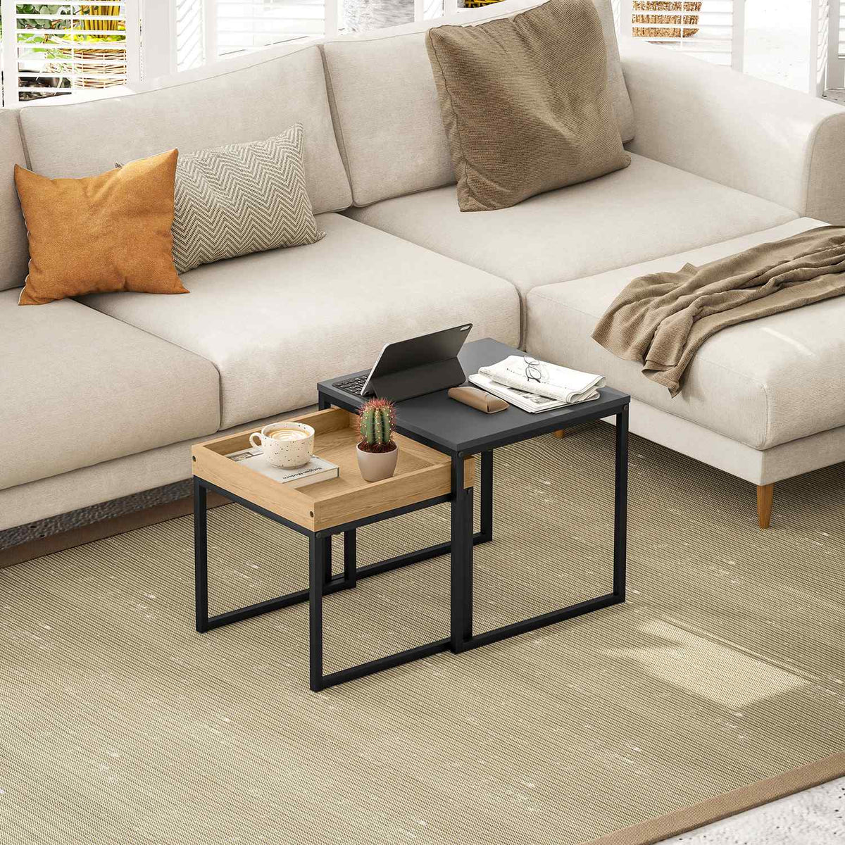 Set of 2 coffee tables, square side tables, coffee table with steel frame, sofa table in a modern design, for living room, load capacity up to 30 kg, black + oak