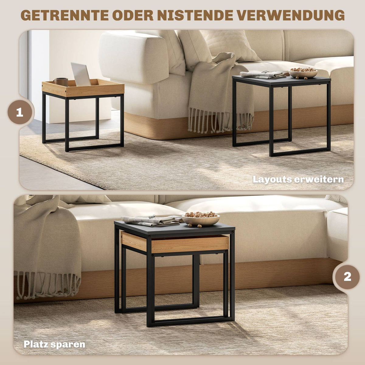 Set of 2 coffee tables, square side tables, coffee table with steel frame, sofa table in a modern design, for living room, load capacity up to 30 kg, black + oak