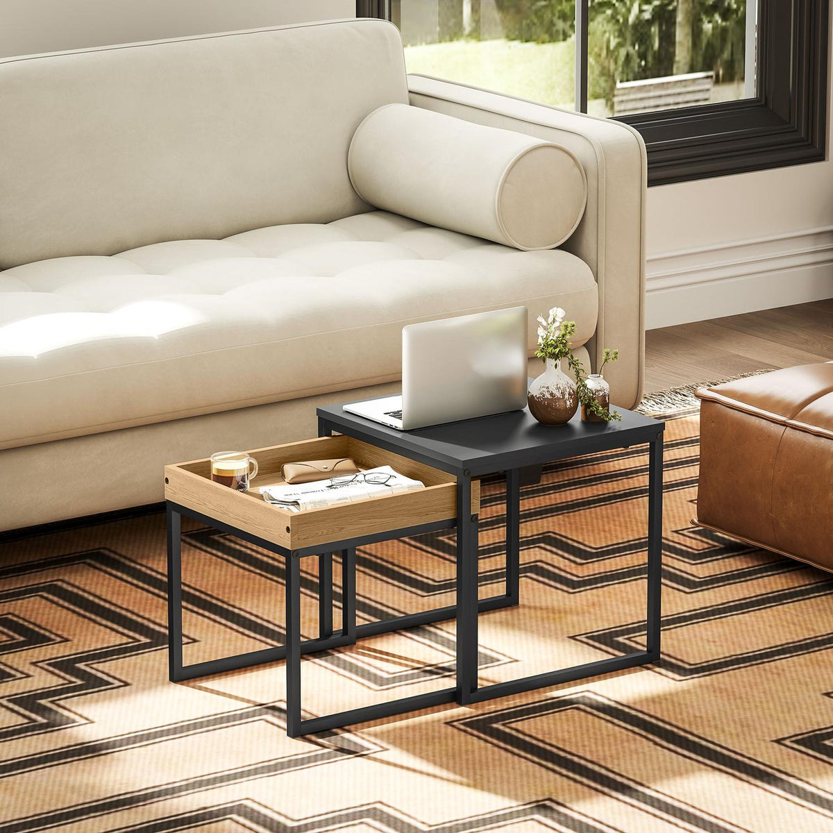 Set of 2 coffee tables, square side tables, coffee table with steel frame, sofa table in a modern design, for living room, load capacity up to 30 kg, black + oak