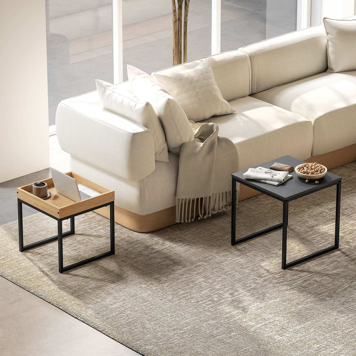 Set of 2 coffee tables, square side tables, coffee table with steel frame, sofa table in a modern design, for living room, load capacity up to 30 kg, black + oak