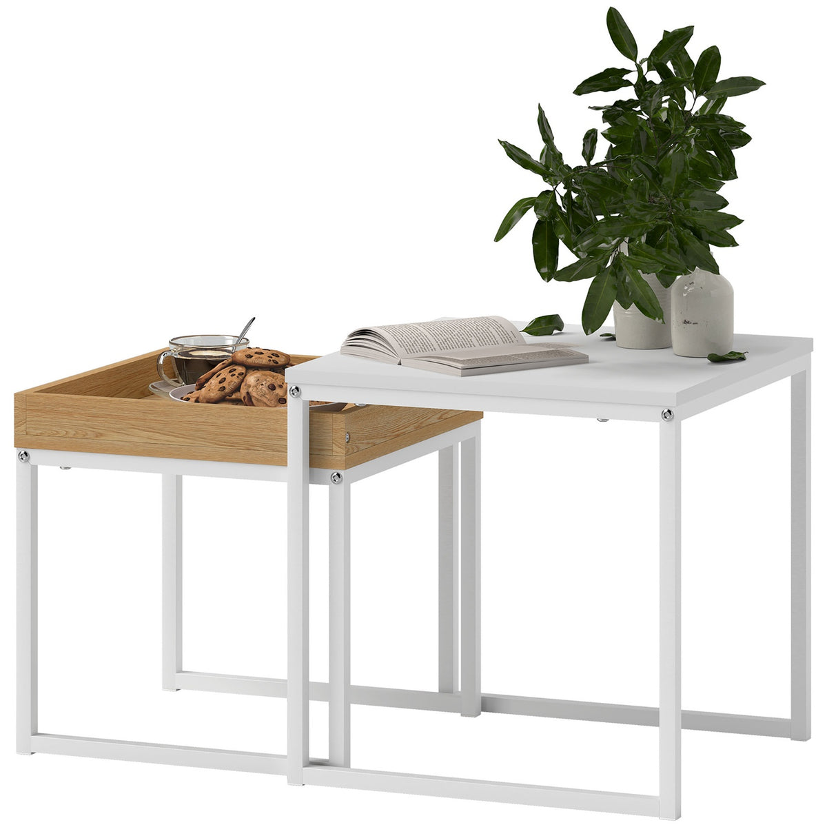 Set of 2 coffee tables, square side tables, coffee table with steel frame, sofa table in a modern design, for living room, load capacity up to 30 kg, white + oak