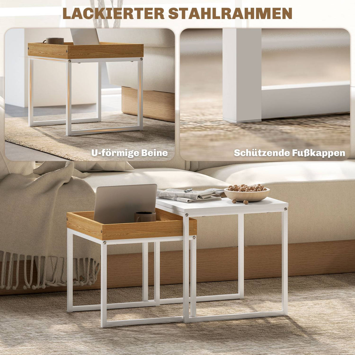Set of 2 coffee tables, square side tables, coffee table with steel frame, sofa table in a modern design, for living room, load capacity up to 30 kg, white + oak