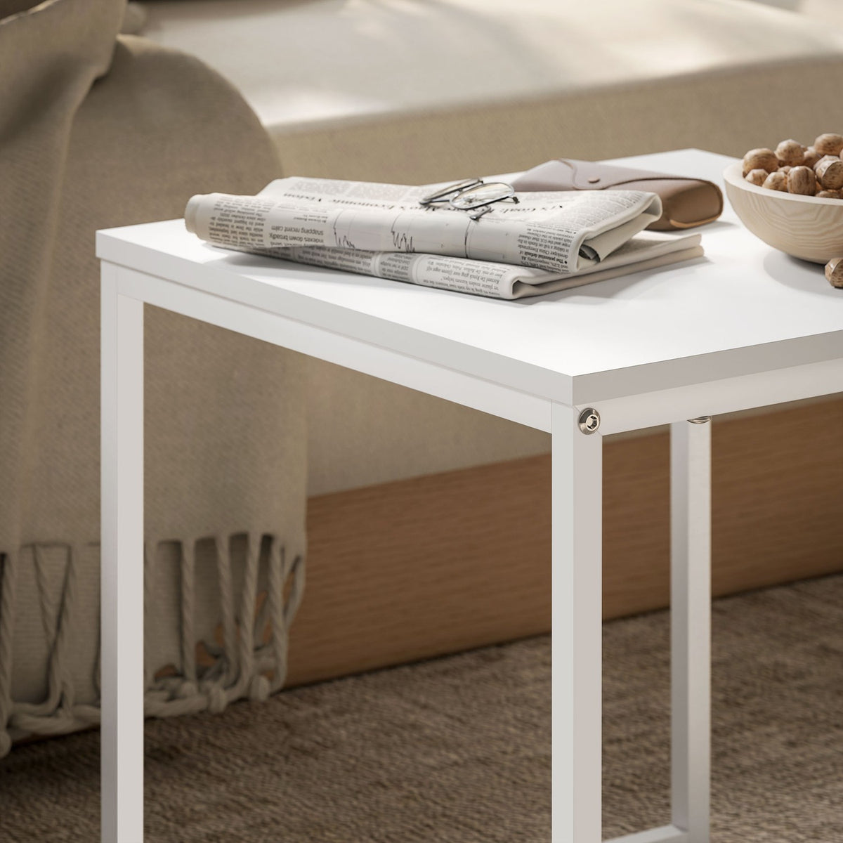 Set of 2 coffee tables, square side tables, coffee table with steel frame, sofa table in a modern design, for living room, load capacity up to 30 kg, white + oak