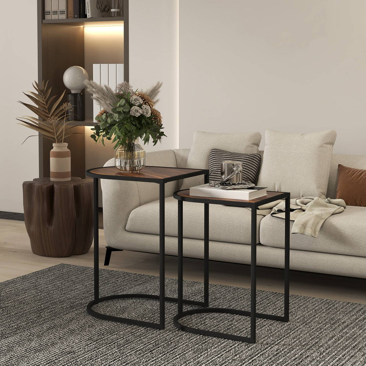 Set of 2 coffee tables, square side tables, coffee table with steel frame, stackable sofa table, for living room, load capacity up to 20 kg, brown + black