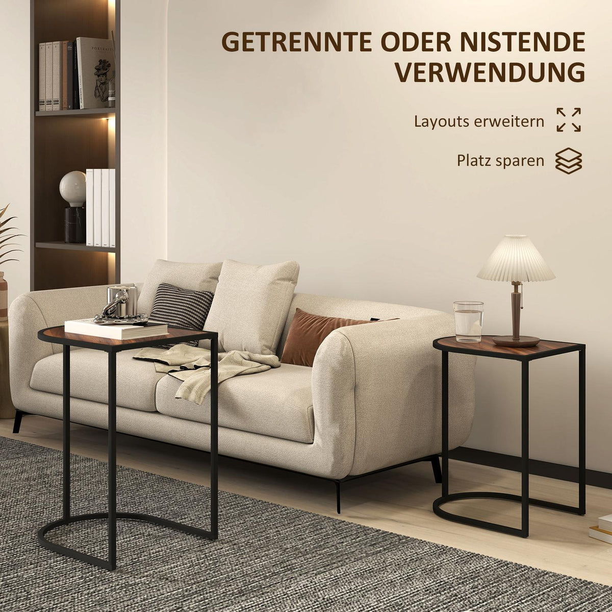 Set of 2 coffee tables, square side tables, coffee table with steel frame, stackable sofa table, for living room, load capacity up to 20 kg, brown + black