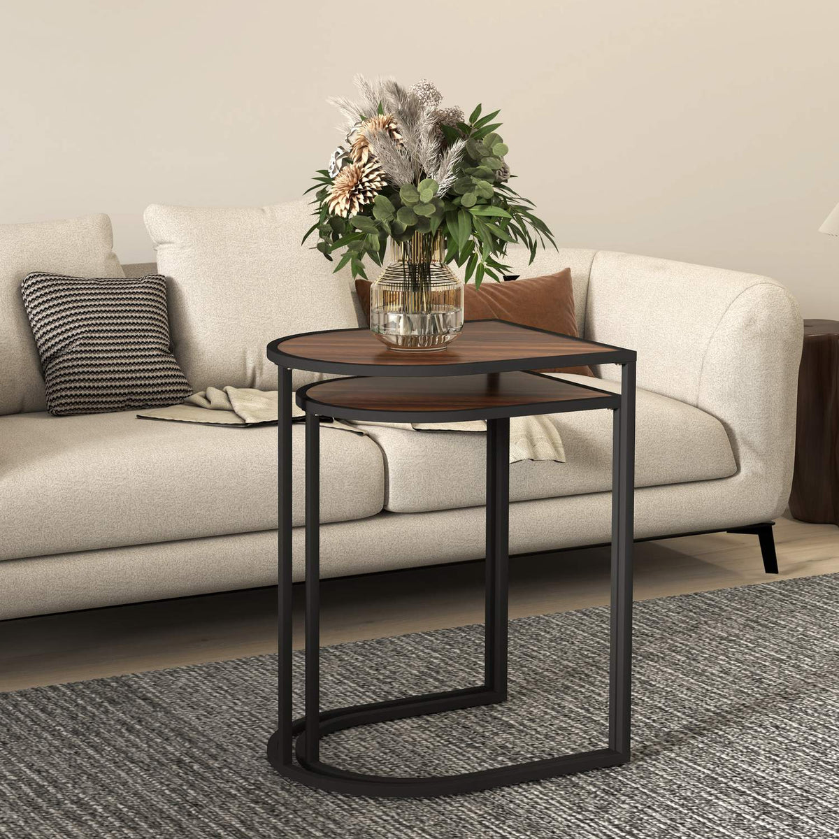 Set of 2 coffee tables, square side tables, coffee table with steel frame, stackable sofa table, for living room, load capacity up to 20 kg, brown + black
