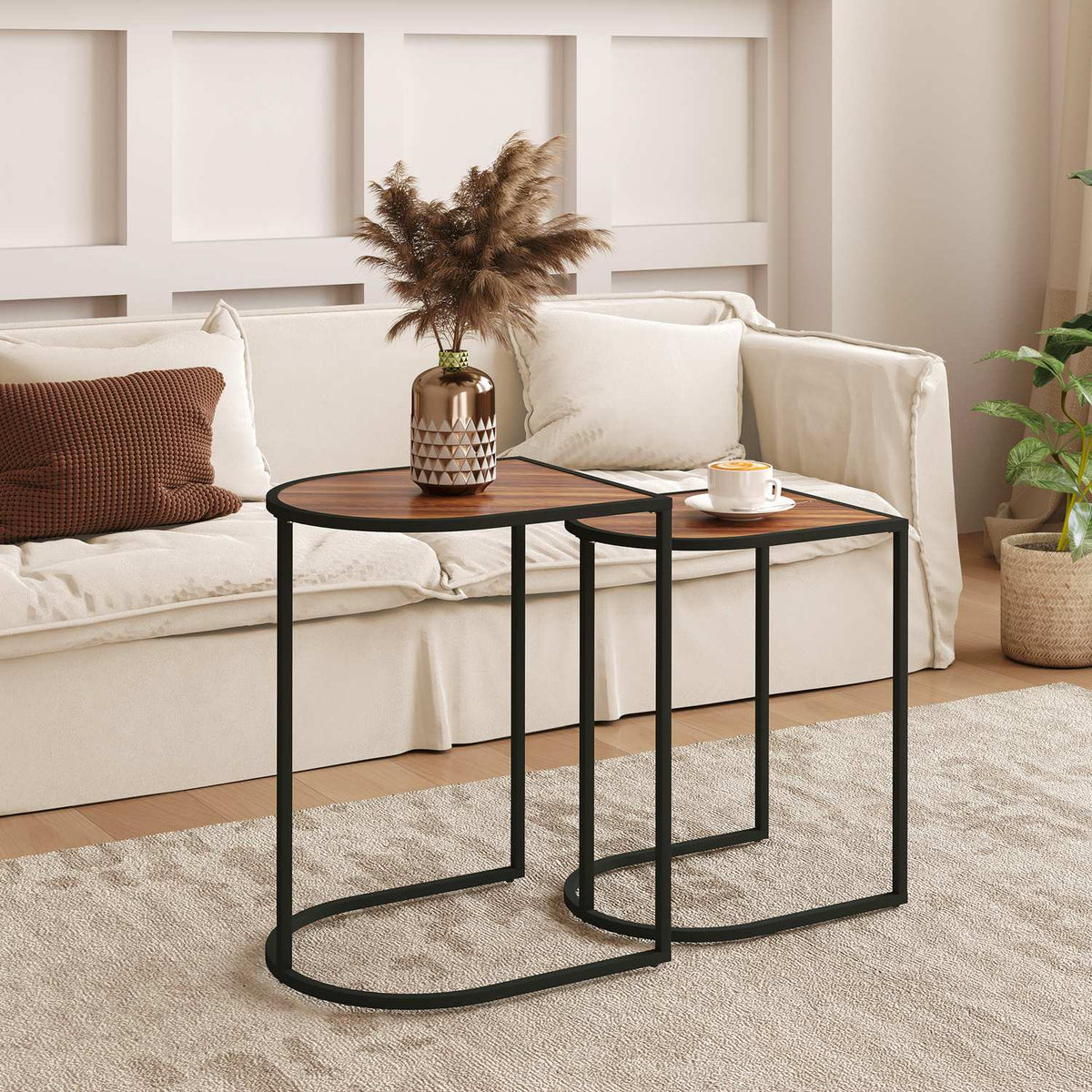 Set of 2 coffee tables, square side tables, coffee table with steel frame, stackable sofa table, for living room, load capacity up to 20 kg, brown + black
