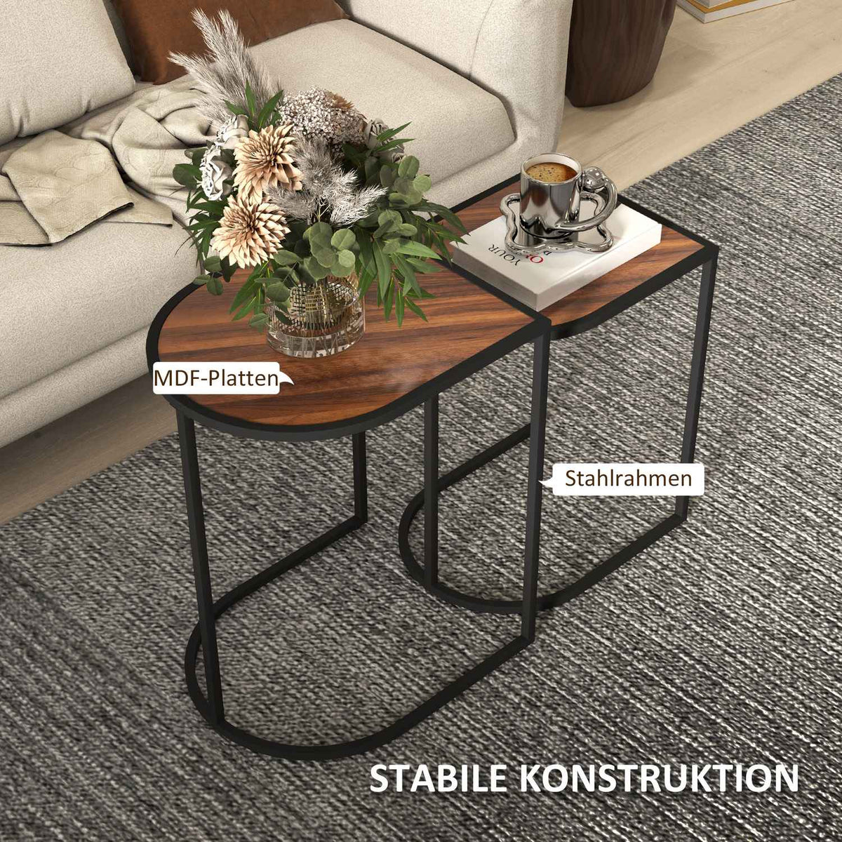 Set of 2 coffee tables, square side tables, coffee table with steel frame, stackable sofa table, for living room, load capacity up to 20 kg, brown + black