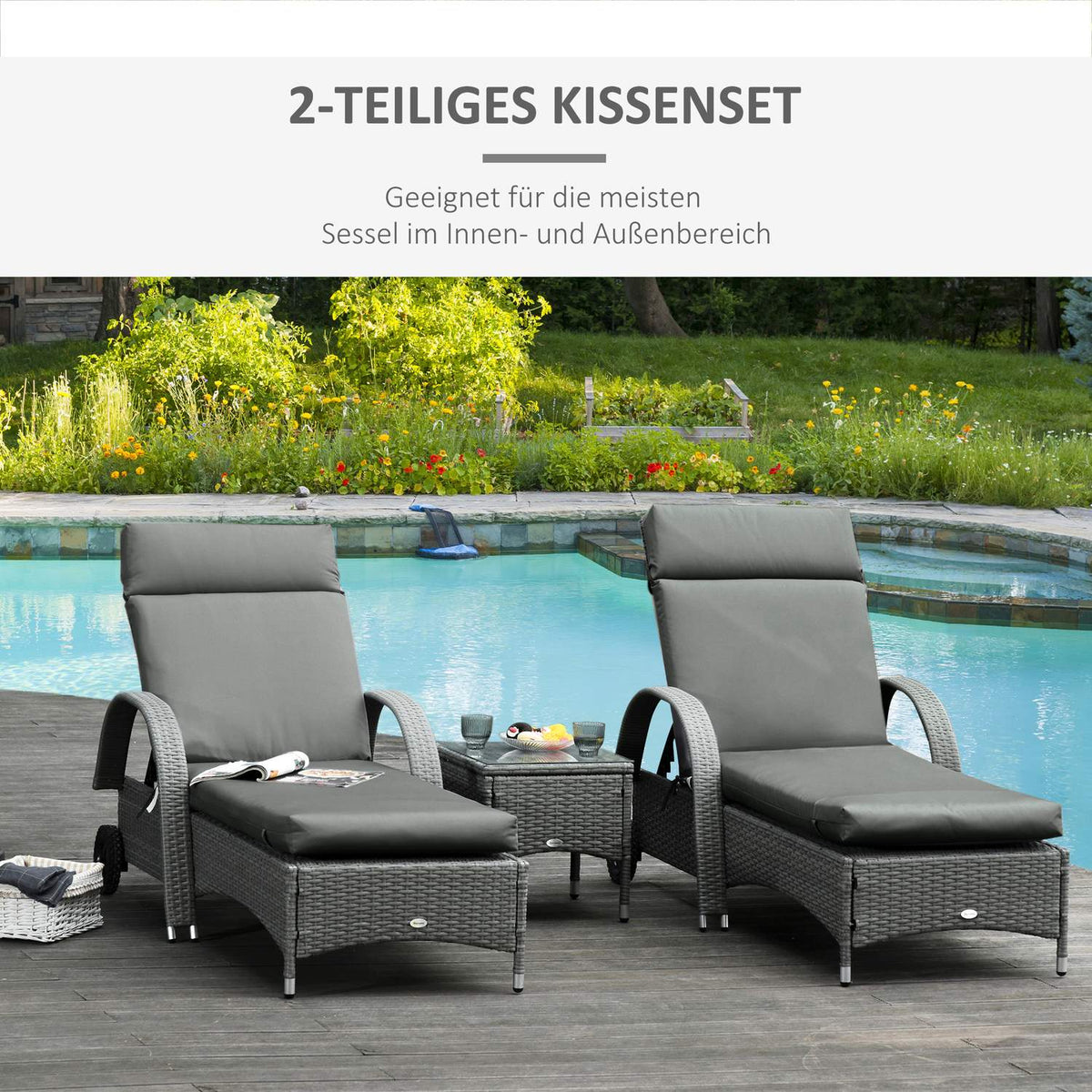 Set of 2 cushions for sun loungers, flame-retardant lounger cushions with straps for garden loungers, 8 cm thick, upholstered cushions, deck chair cushions for garden furniture, cushions for deck chairs, 196 x 55 x 8 cm, dark gray