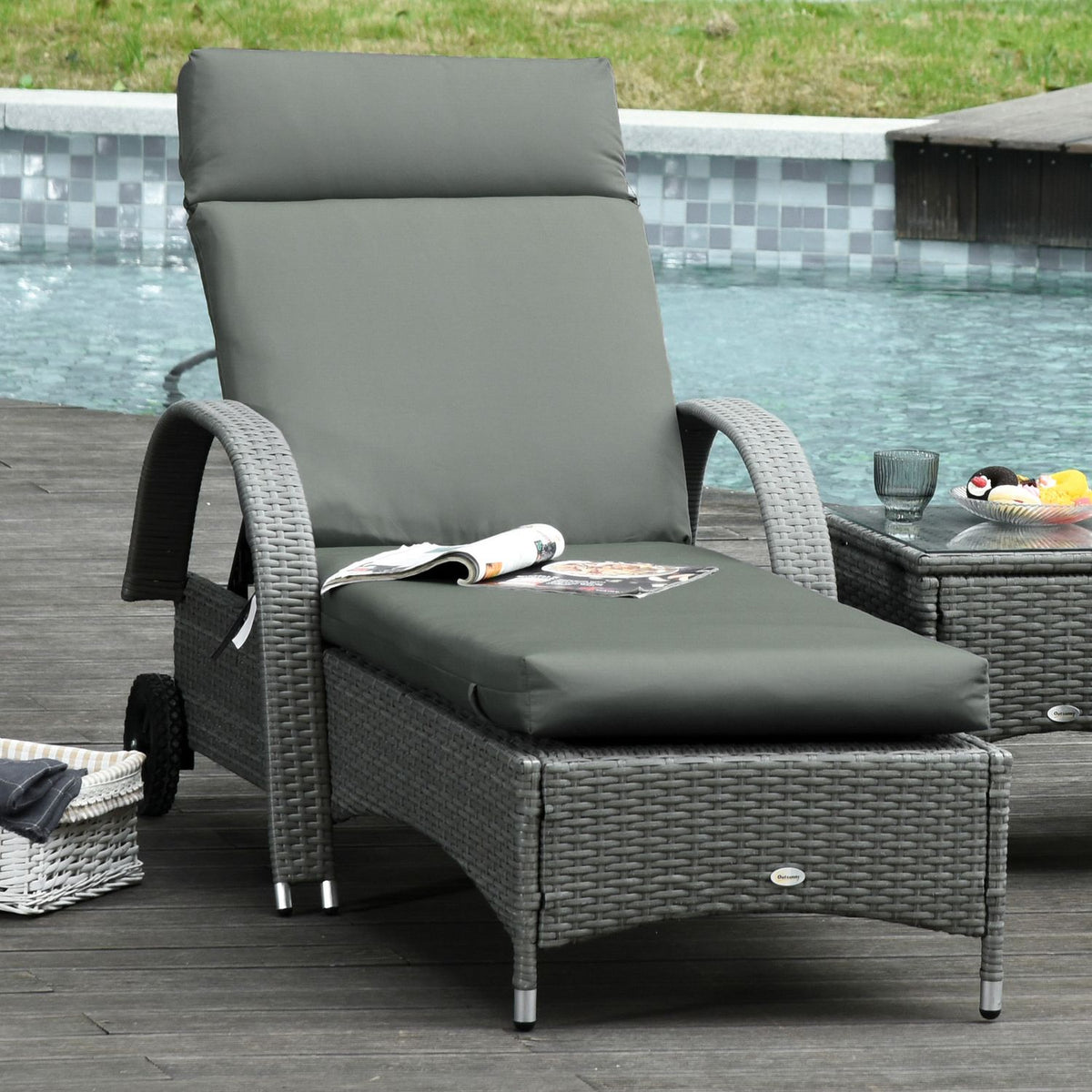 Set of 2 cushions for sun loungers, flame-retardant lounger cushions with straps for garden loungers, 8 cm thick, upholstered cushions, deck chair cushions for garden furniture, cushions for deck chairs, 196 x 55 x 8 cm, dark gray