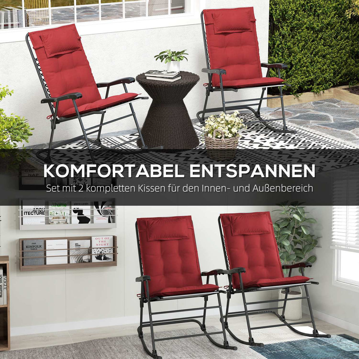 Set of 2 cushions for sun loungers, water-repellent lounger cushions for garden loungers, upholstered cushions for beach loungers, deck chair cushions, cushions for garden furniture cushions, 50 x 116 x 5 cm, wine red