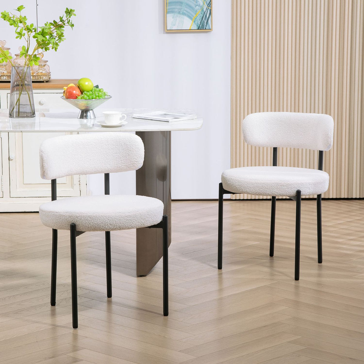 Set of 2 dining chairs, fleece upholstered, chairs with upholstered seats, metal legs, cream white