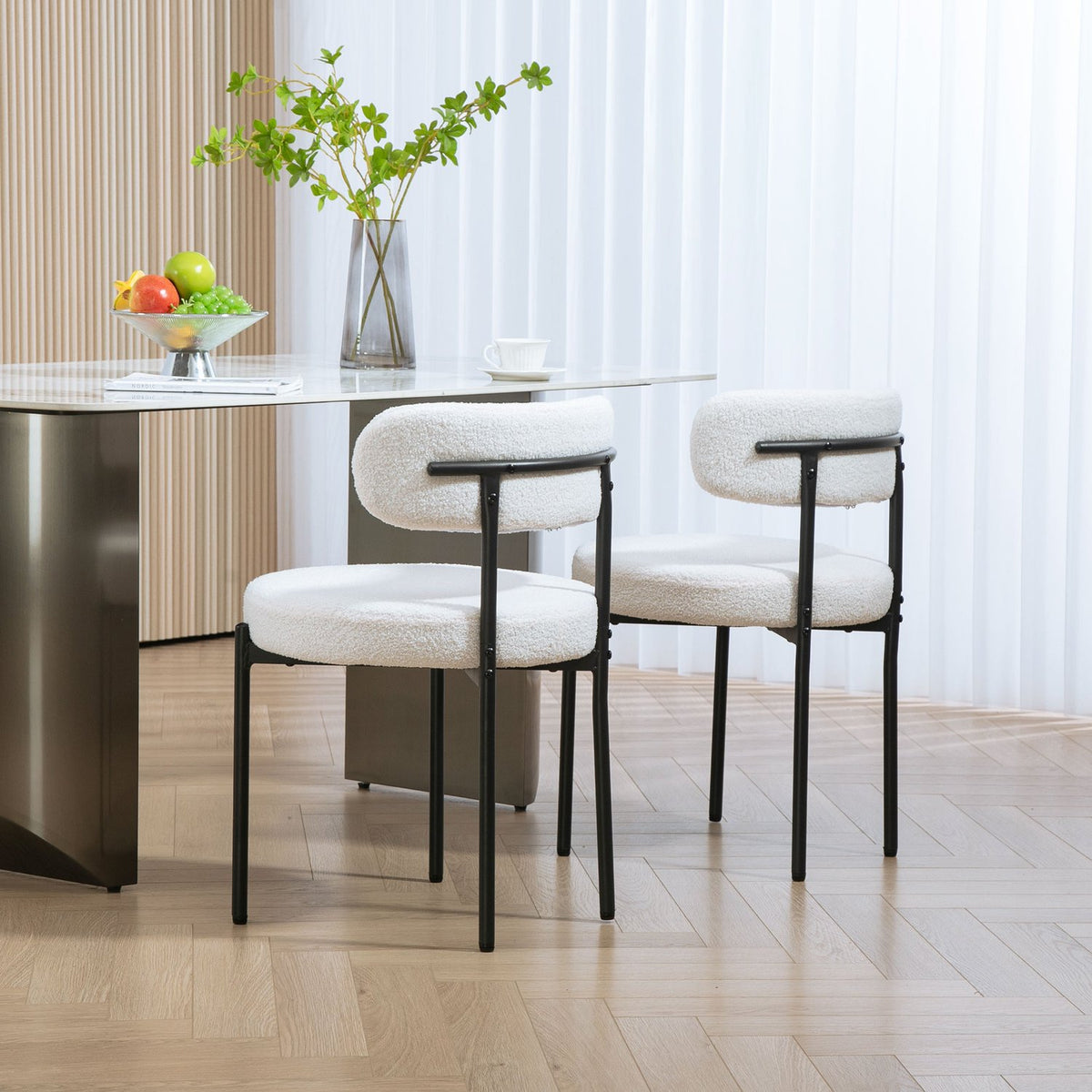 Set of 2 dining chairs, fleece upholstered, chairs with upholstered seats, metal legs, cream white