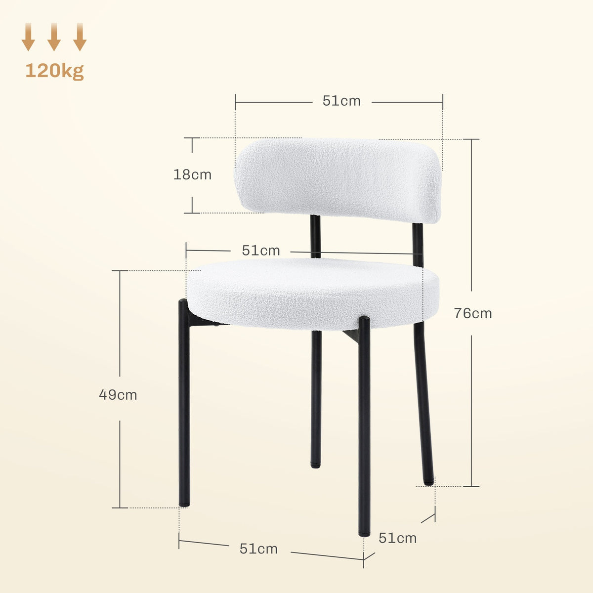 Set of 2 dining chairs, fleece upholstered, chairs with upholstered seats, metal legs, cream white