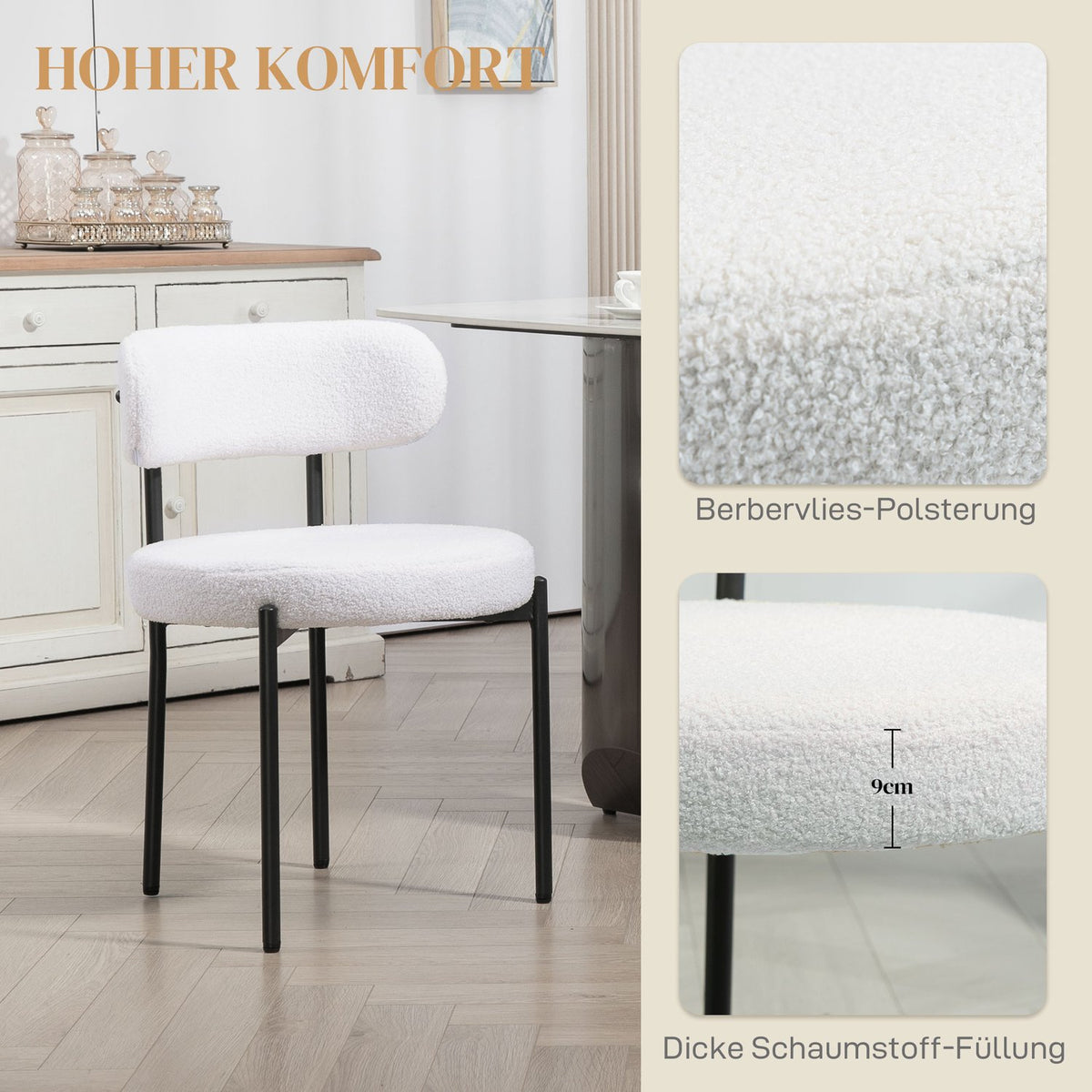 Set of 2 dining chairs, fleece upholstered, chairs with upholstered seats, metal legs, cream white