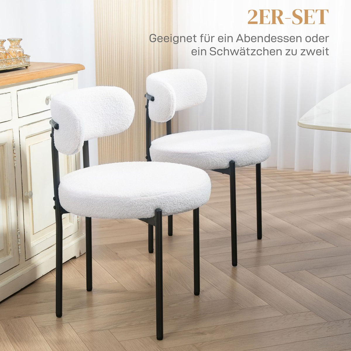 Set of 2 dining chairs, fleece upholstered, chairs with upholstered seats, metal legs, cream white