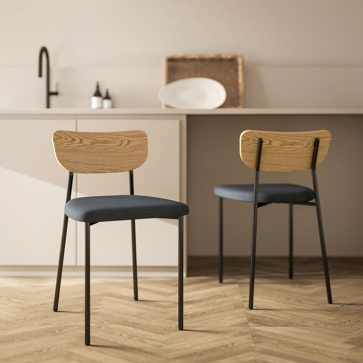 Set of 2 dining chairs, linen look, armless design, metal legs, grey
