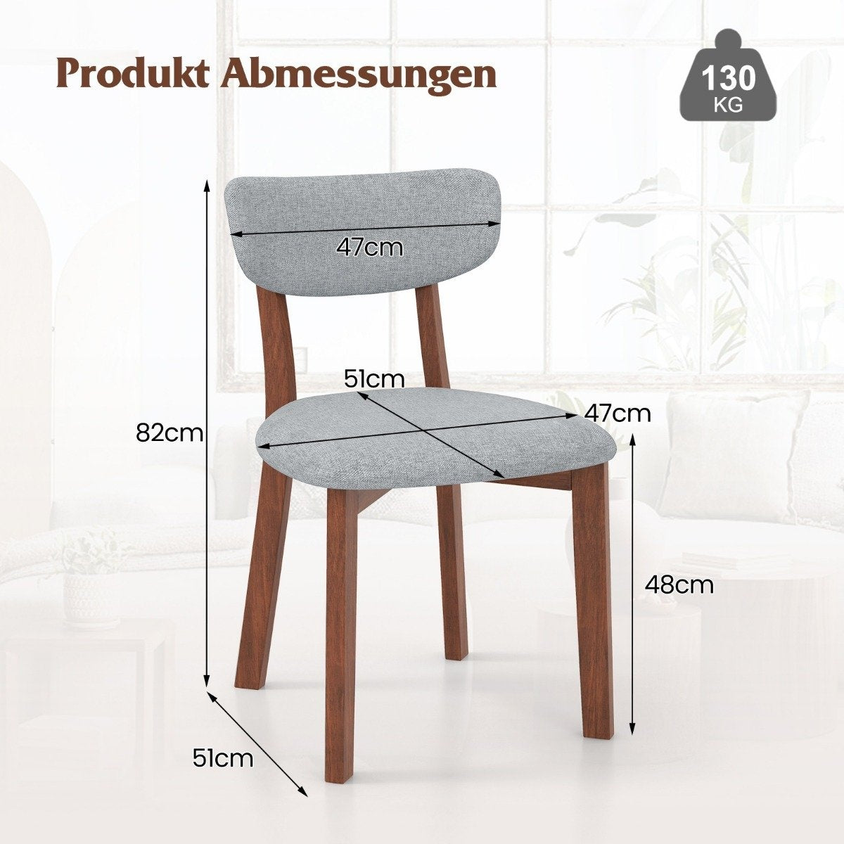 Set of 2 dining chairs, padded kitchen chairs with backrest, rubber wood frame and seat cushions, 51 x 47 x 82 cm, grey