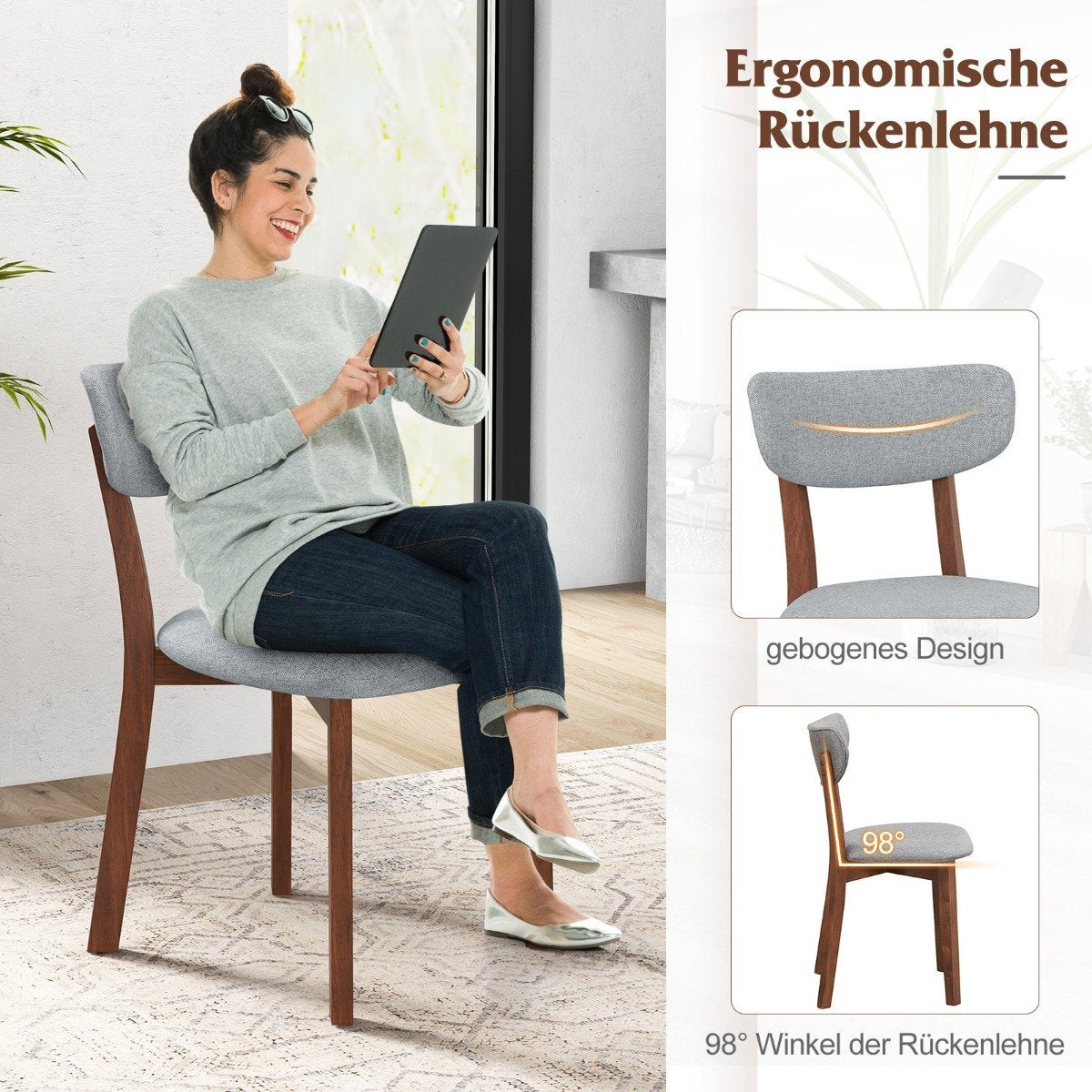 Set of 2 dining chairs, padded kitchen chairs with backrest, rubber wood frame and seat cushions, 51 x 47 x 82 cm, grey