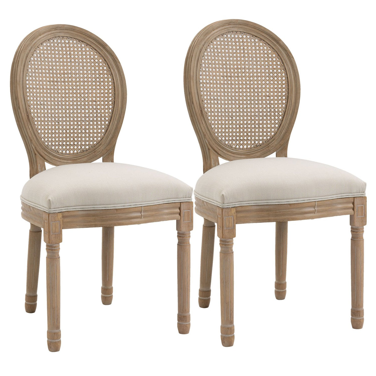 Set of 2 dining chairs, vintage kitchen chairs in linen look, upholstered chairs with rattan backrest, solid wood, white, 49 x 56 x 96 cm