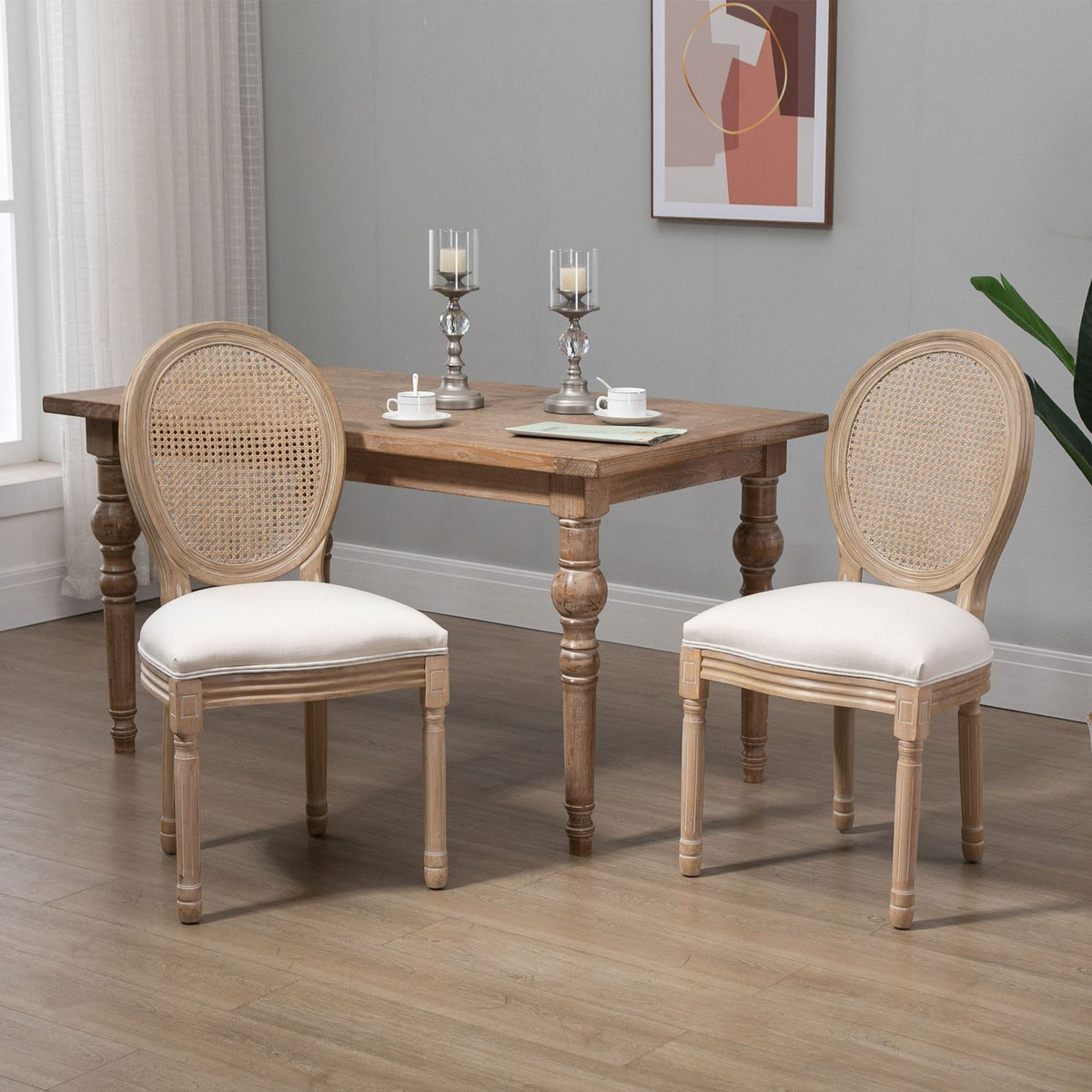 Set of 2 dining chairs, vintage kitchen chairs in linen look, upholstered chairs with rattan backrest, solid wood, white, 49 x 56 x 96 cm