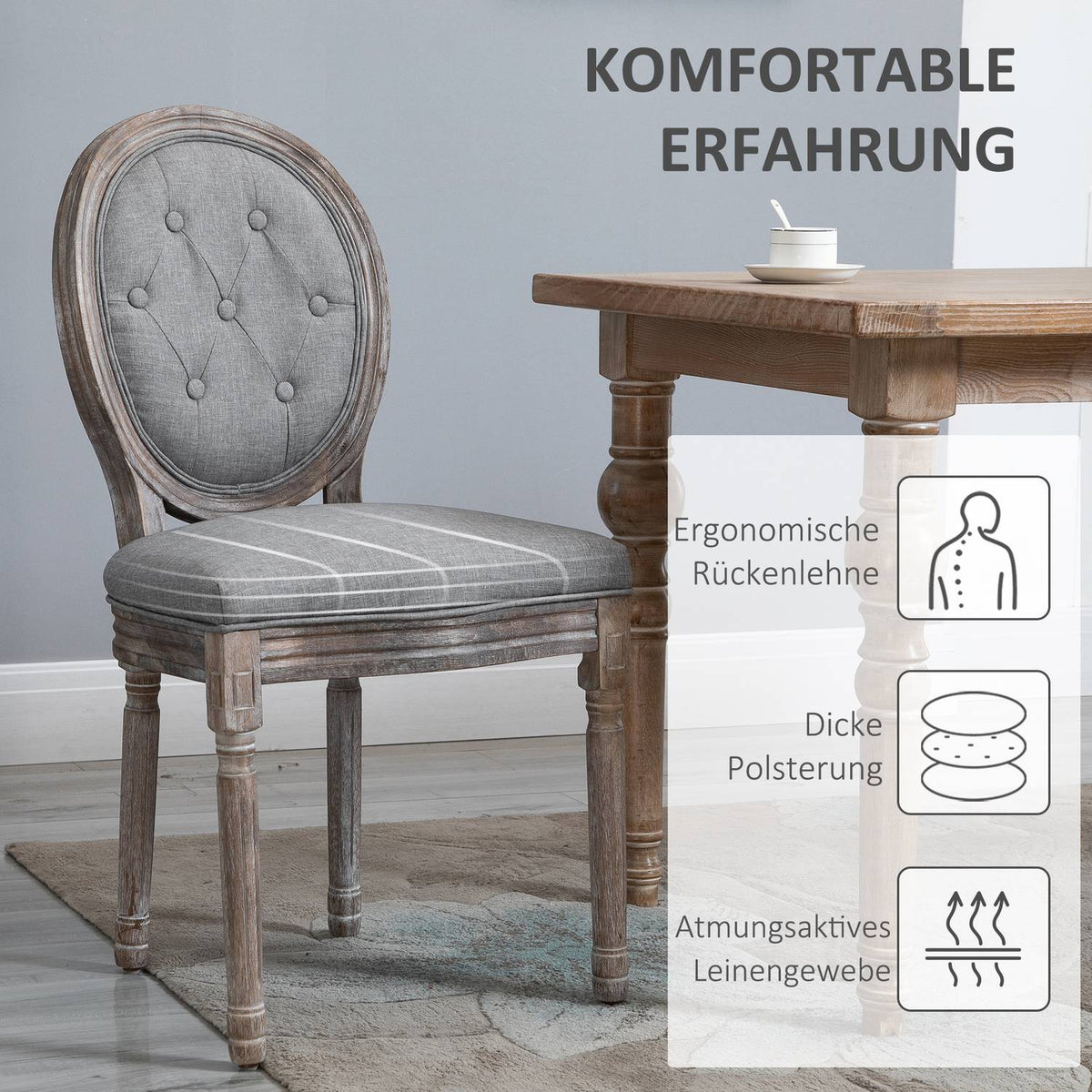 Set of 2 dining room chairs, upholstered chairs with breathable linen cover, living room chair in retro style, rubber wood, gray, 50 x 54.5 x 97 cm