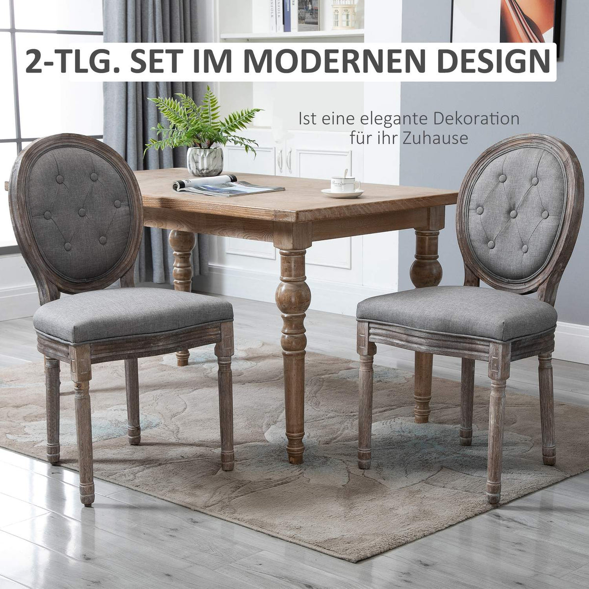 Set of 2 dining room chairs, upholstered chairs with breathable linen cover, living room chair in retro style, rubber wood, gray, 50 x 54.5 x 97 cm