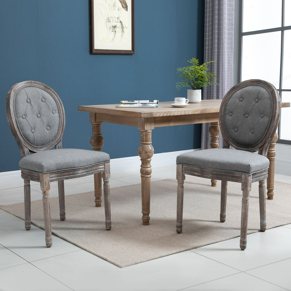 Set of 2 dining room chairs, upholstered chairs with breathable linen cover, living room chair in retro style, rubber wood, gray, 50 x 54.5 x 97 cm