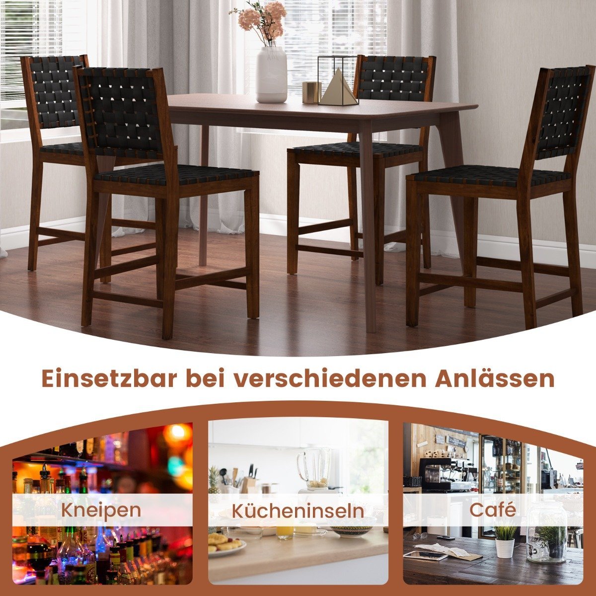 Set of 2 dining room chairs with woven backrest, wooden chair, load capacity up to 150 kg, black