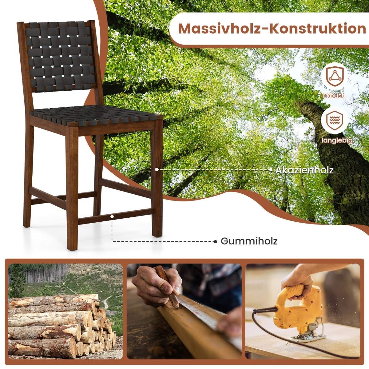 Set of 2 dining room chairs with woven backrest, wooden chair, load capacity up to 150 kg, black