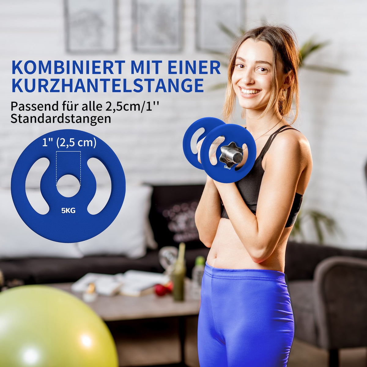 Set of 2 dumbbell weights, 2 x 5 kg weights, weight plates set, weight plates for 2.5 cm dumbbell bar, Ø 30 mm bore, blue
