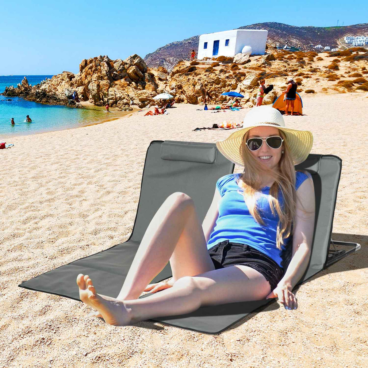 Set of 2 folding beach mats with adjustable backrest in 5 positions, adjustable headrest, Oxford fabric, including carrying bag, dimensions 124L x 53W x 35-45H cm