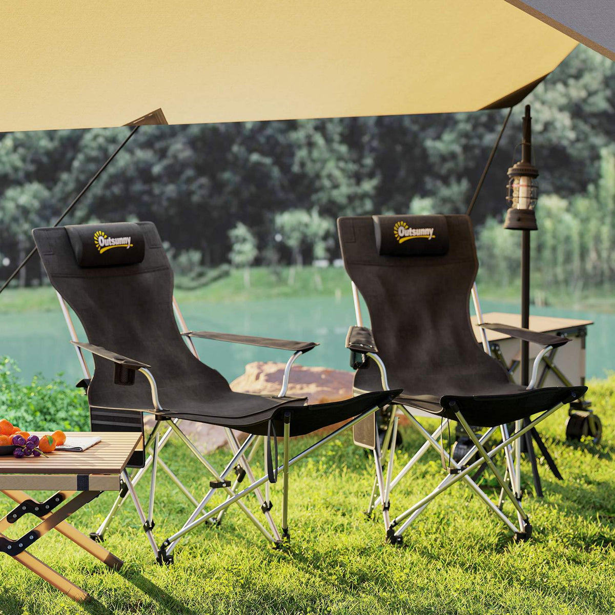 Set of 2 folding camping chairs, fishing chairs with removable footrest, drink holder, headrest, garden chair, load-bearing 120 kg, deck chair for adults, folding chair, beach chair, camping chairs |