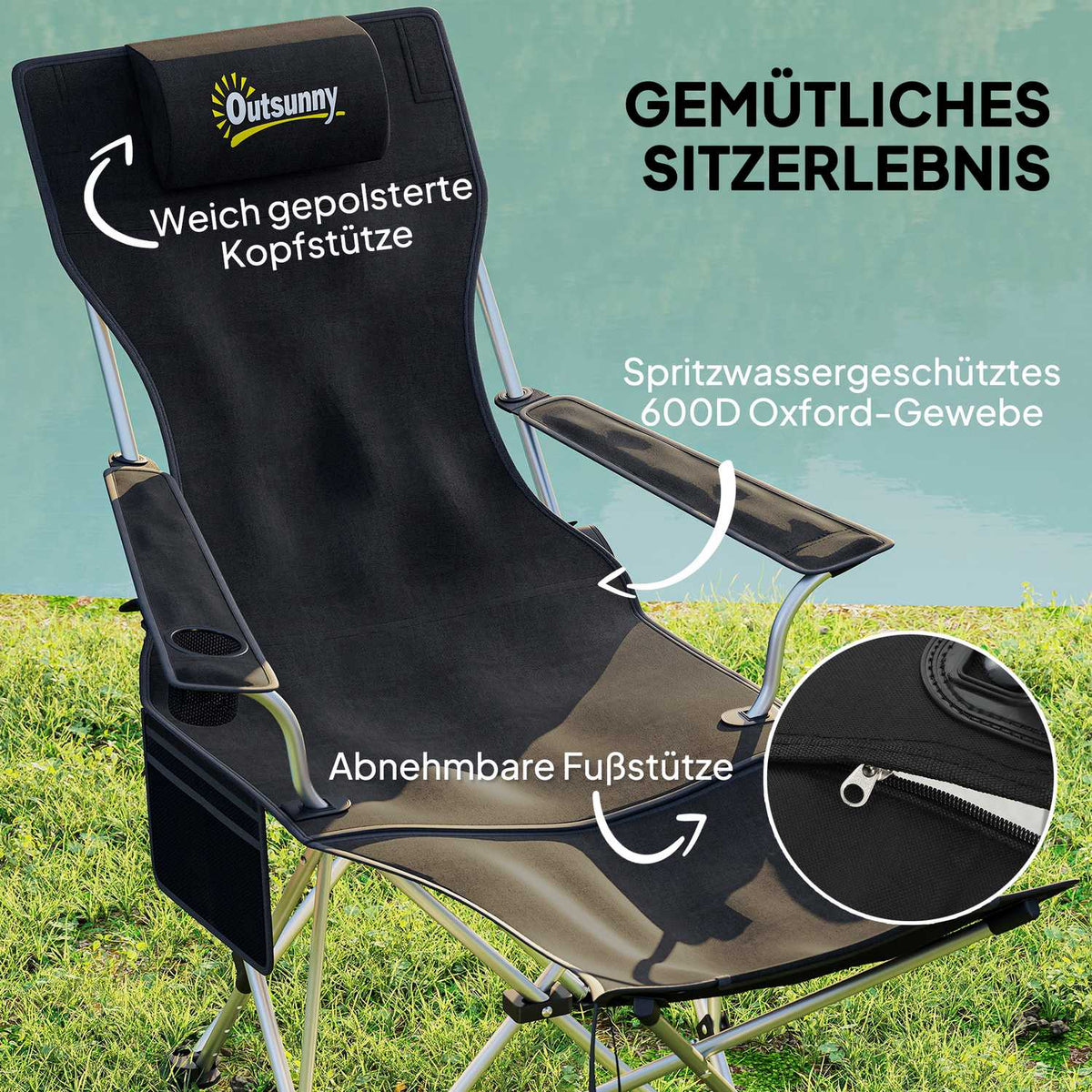 Set of 2 folding camping chairs, fishing chairs with removable footrest, drink holder, headrest, garden chair, load-bearing 120 kg, deck chair for adults, folding chair, beach chair, camping chairs |