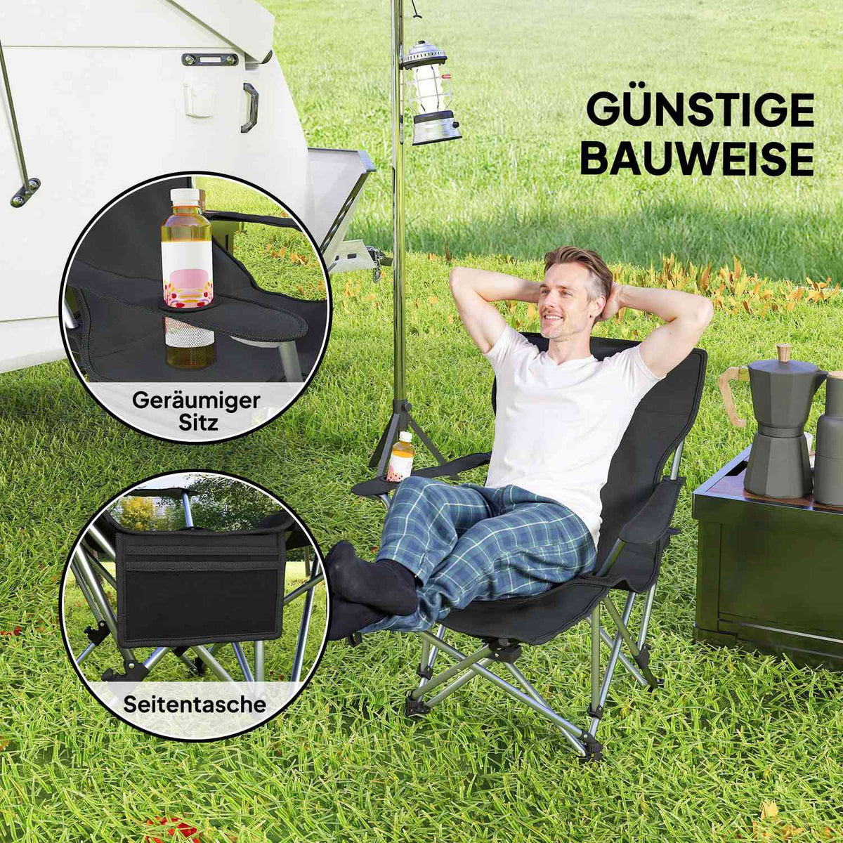 Set of 2 folding camping chairs, fishing chairs with removable footrest, headrest, drink holder, garden chair, load-bearing 120 kg, deck chair for adults, folding chair, camping chairs, beach chair