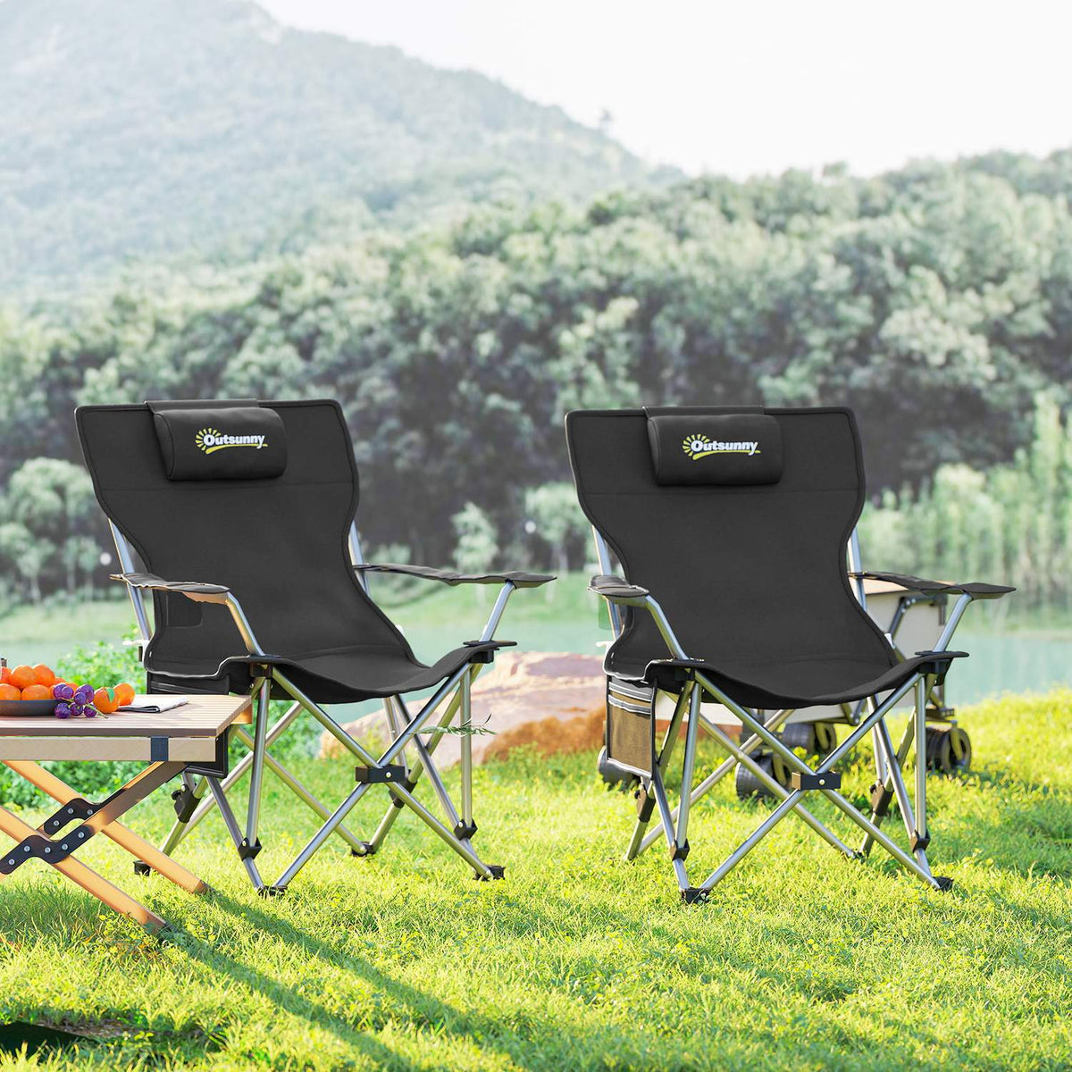 Set of 2 folding camping chairs, fishing chairs with removable footrest, headrest, drink holder, garden chair, load-bearing 120 kg, deck chair for adults, folding chair, camping chairs, beach chair