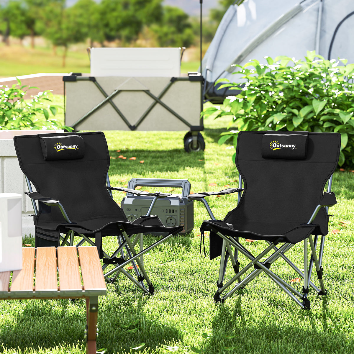 Set of 2 folding camping chairs, fishing chairs with removable footrest, headrest, drink holder, garden chair, load-bearing 120 kg, deck chair for adults, folding chair, camping chairs, beach chair