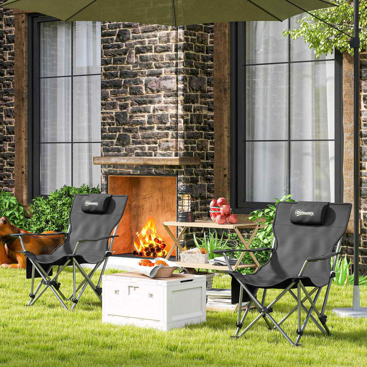 Set of 2 folding camping chairs, fishing chairs with removable footrest, headrest, drink holder, garden chair, load-bearing 120 kg, deck chair for adults, folding chair, camping chairs, beach chair