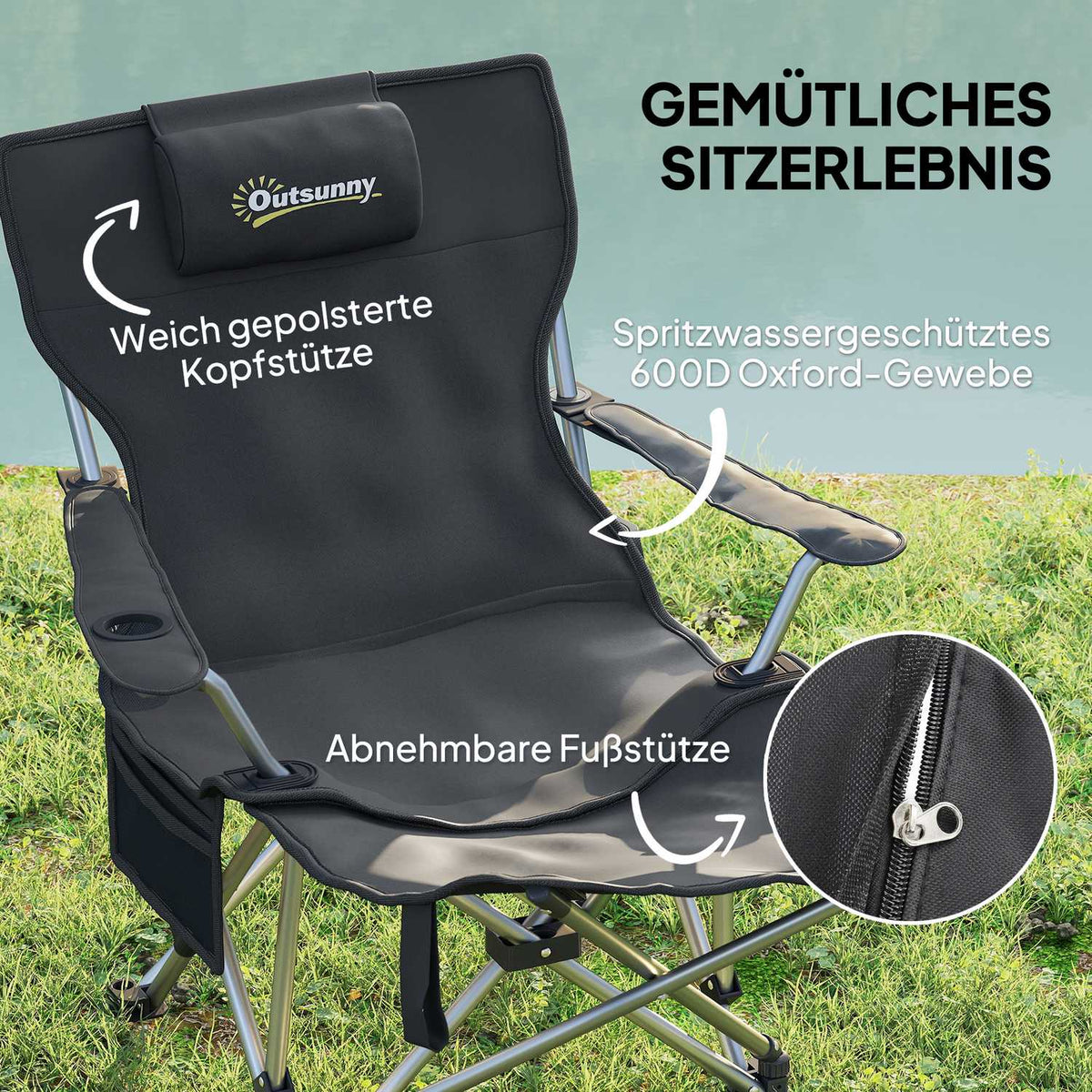 Set of 2 folding camping chairs, fishing chairs with removable footrest, headrest, drink holder, garden chair, load-bearing 120 kg, deck chair for adults, folding chair, camping chairs, beach chair