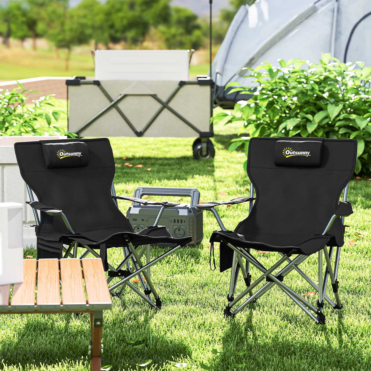 Set of 2 folding camping chairs, fishing chairs with removable footrest, headrest, drink holder, garden chair, load-bearing 120 kg, deck chair for adults, folding chair, camping chairs, beach chair