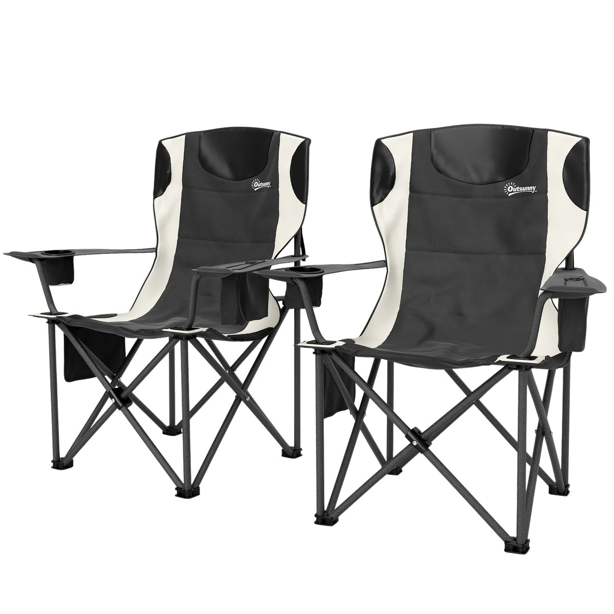 Set of 2 folding camping chairs with armrests, drink holder, headrest, cool bag, outdoor folding chair, load capacity up to 120 kg, padded fishing chair, garden chair for garden camping