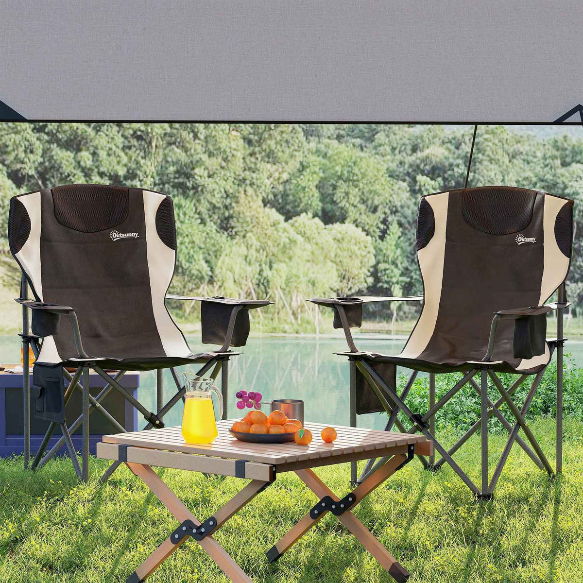 Set of 2 folding camping chairs with armrests, drink holder, headrest, cool bag, outdoor folding chair, load capacity up to 120 kg, padded fishing chair, garden chair for garden camping