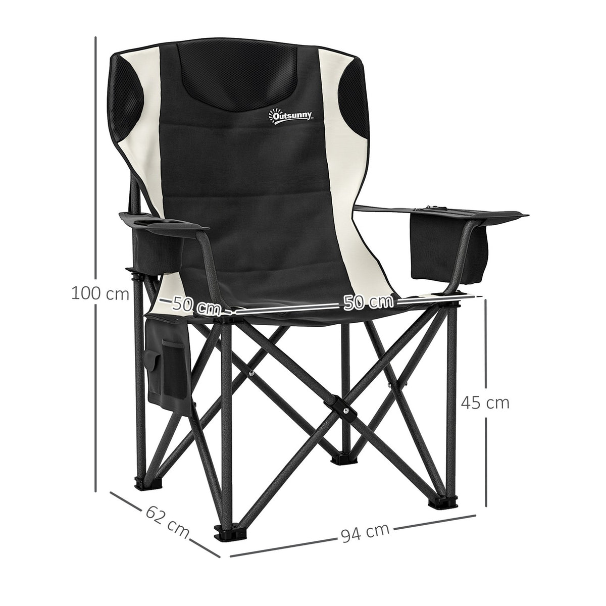 Set of 2 folding camping chairs with armrests, drink holder, headrest, cool bag, outdoor folding chair, load capacity up to 120 kg, padded fishing chair, garden chair for garden camping