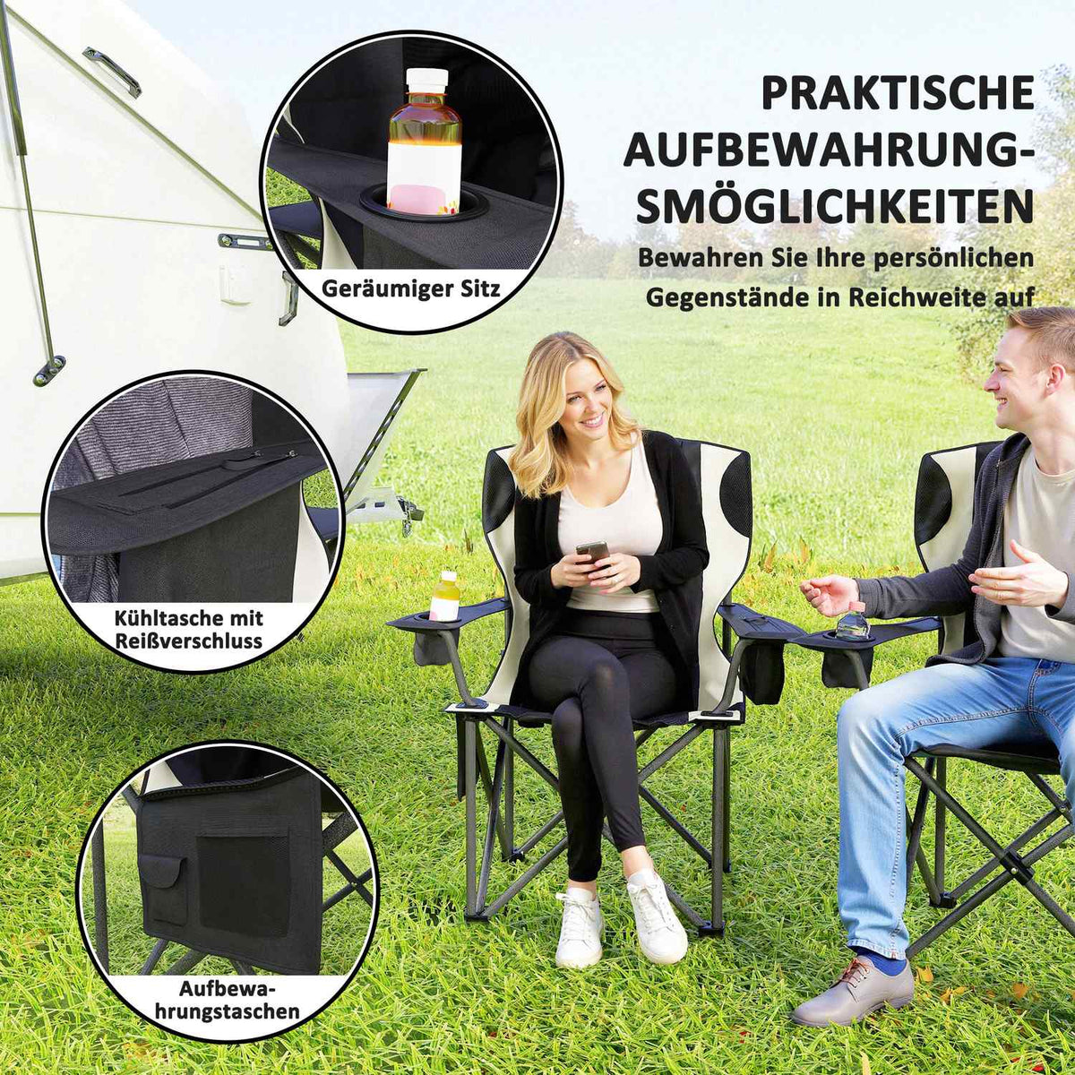 Set of 2 folding camping chairs with armrests, drink holder, headrest, cool bag, outdoor folding chair, load capacity up to 120 kg, padded fishing chair, garden chair for garden camping