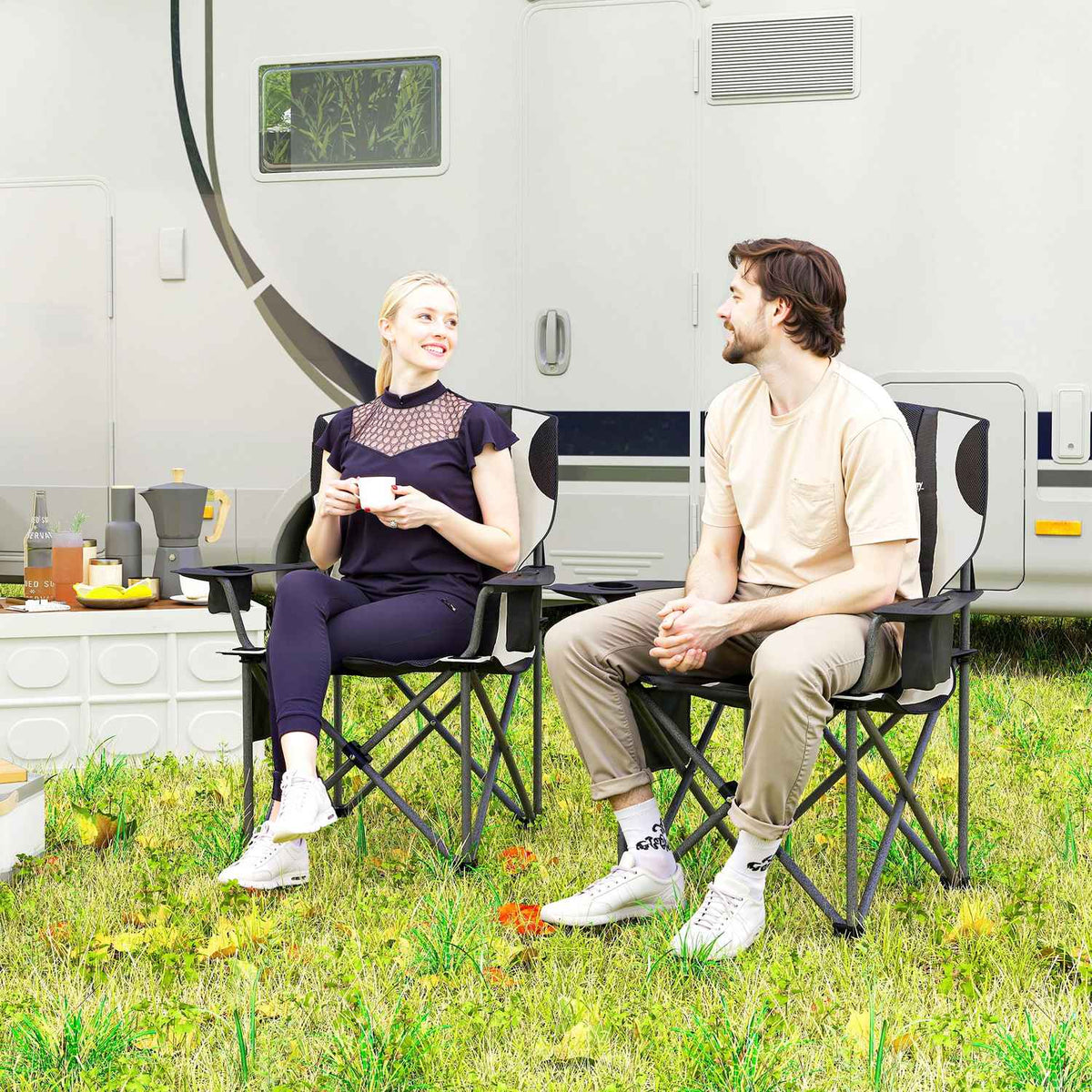 Set of 2 folding camping chairs with armrests, drink holder, headrest, cool bag, outdoor folding chair, load capacity up to 120 kg, padded fishing chair, garden chair for garden camping