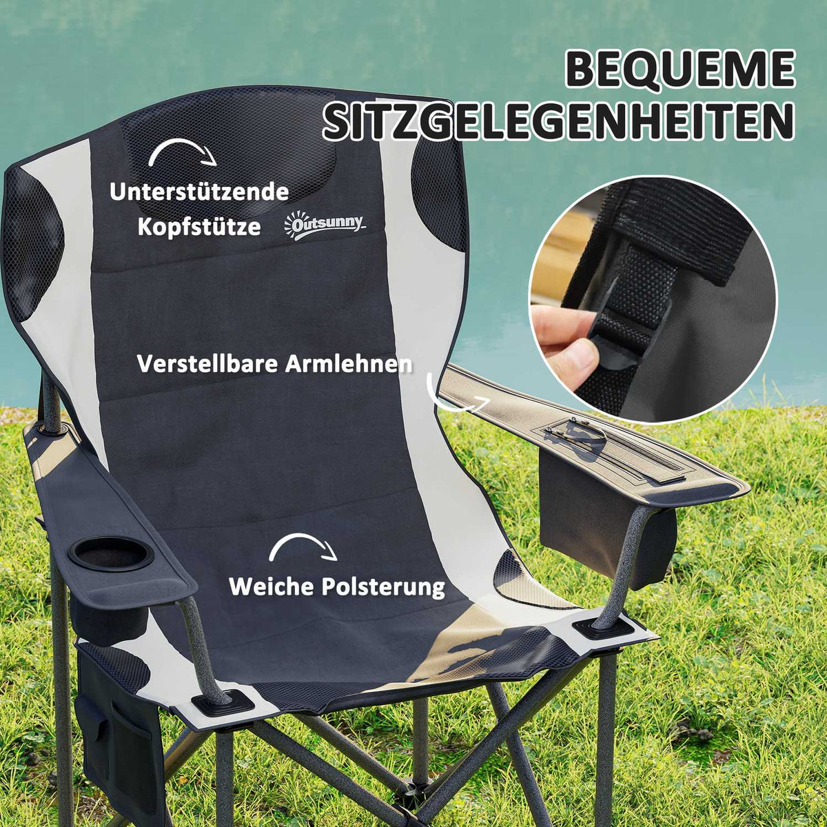 Set of 2 folding camping chairs with armrests, drink holder, headrest, cool bag, outdoor folding chair, load capacity up to 120 kg, padded fishing chair, garden chair for garden camping
