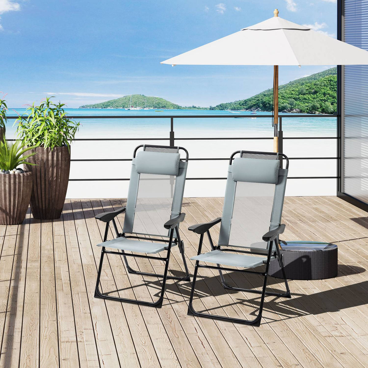 Set of 2 folding garden chairs with adjustable backrest and armrest, camping chair can hold up to 120 kg for garden and balcony