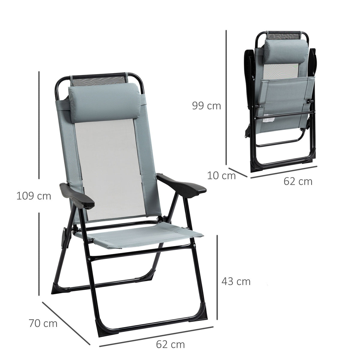 Set of 2 folding garden chairs with adjustable backrest and armrest, camping chair can hold up to 120 kg for garden and balcony