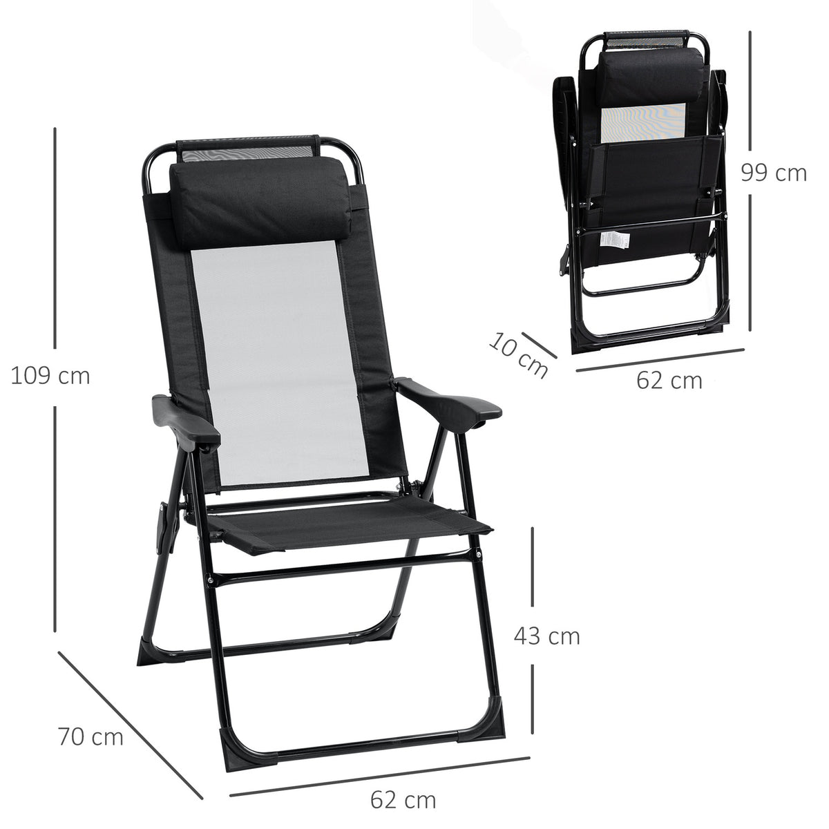 Set of 2 folding garden chairs with adjustable backrest and armrest, camping chair with a load capacity of up to 120 kg for garden and balcony