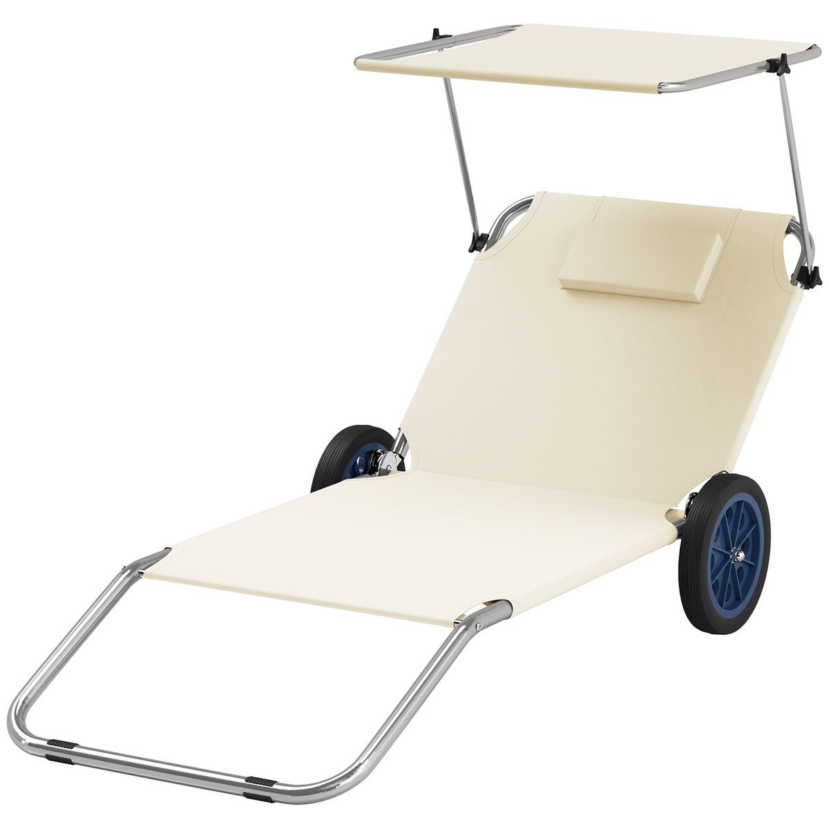 Set of 2 folding sun loungers, garden loungers with pillow roof, roller deck chairs with adjustable backrest, weatherproof camping loungers, garden chairs can hold up to 120 kg, for garden pool, beige